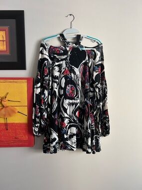 Free People Black White Floral-Print Mini Dress with Red Accents